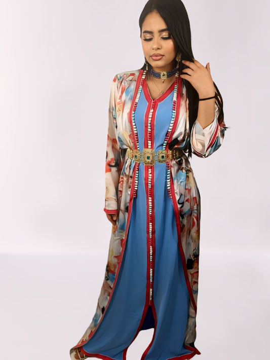 Caftan NOUR Bleu et Beige